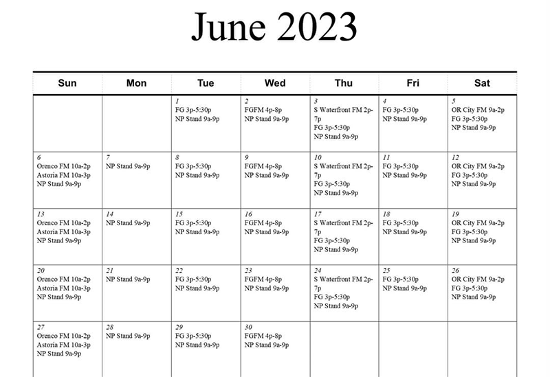 This is an image of The Pie Guy's current schedule, in month form.