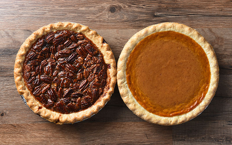 This is an image of pumpkin and pecan pies.